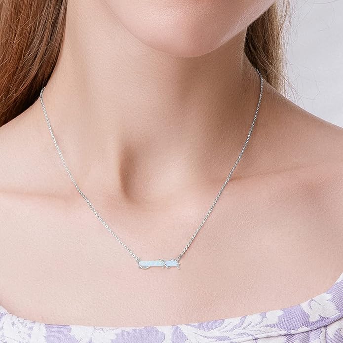 Bar Opal Leaf Necklace For Women S925 Sterling Silver White Opal Pendant with Leaf Charm Bar Pendant Jewelry Gift For Mom Daughter Wife