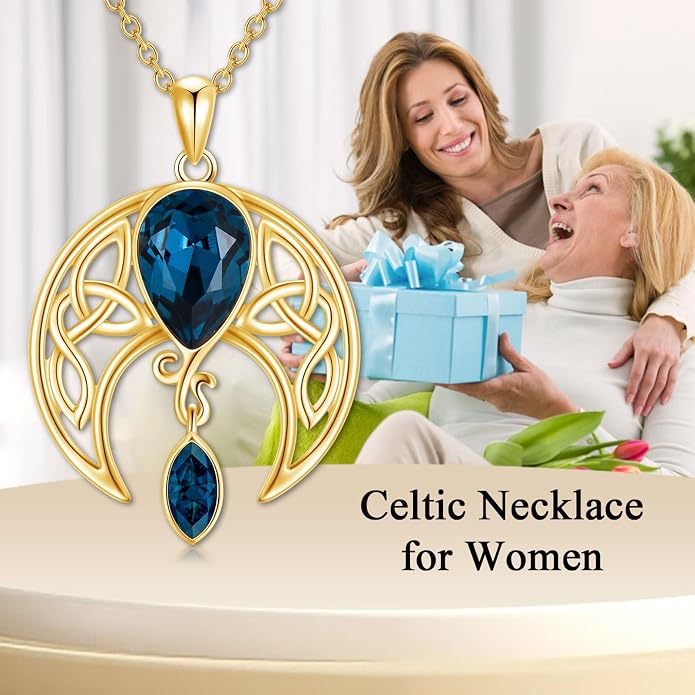 AOBOCO Sterling Silver Celtic Crescent Moon Goddess Pendant Irish Good Luck Necklace with Birthstone Crystal, Celtic Moon Jewelry Gift for Women Mom Wife
