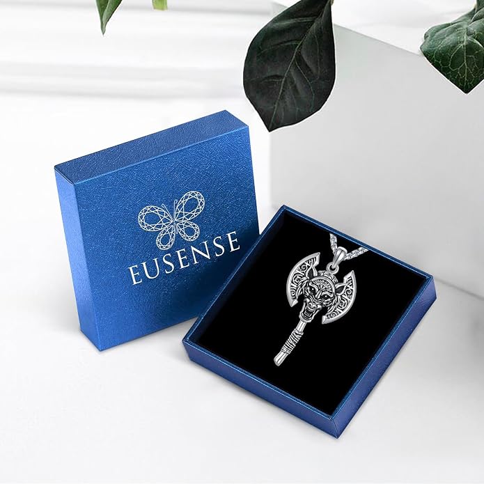 Eusense Viking Necklace for Men Women 925 Sterling Silver Pendant Thors Hammer/Norse Runes/Odin's Ravens/Wolf/Dragon/Snake/Yggdrasil/Freya/Helm of Awe/Valknut/Triskelion/Axe/Shield Viking Jewelry