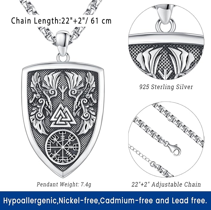 Eusense Viking Necklace for Men Women 925 Sterling Silver Pendant Thors Hammer/Norse Runes/Odin's Ravens/Wolf/Dragon/Snake/Yggdrasil/Freya/Helm of Awe/Valknut/Triskelion/Axe/Shield Viking Jewelry