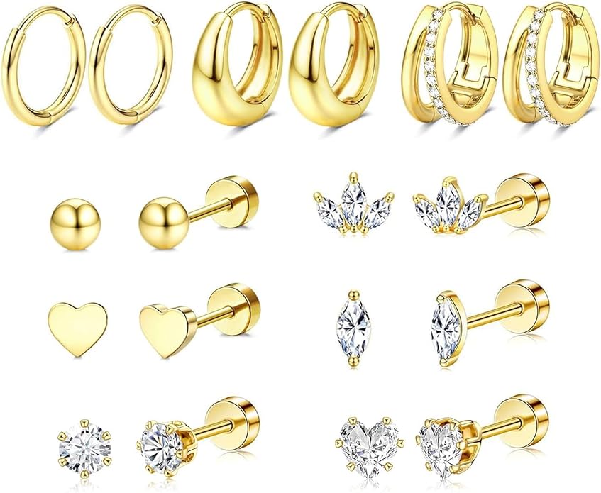 Stainless Steel Stud Earrings Set for Women Hypoallergenic Flat Back Cartilage Earrings Screw Back Huggie Hoop Earrings Multiple Piercing Cubic Zirconia Helix Tragus Jewelry