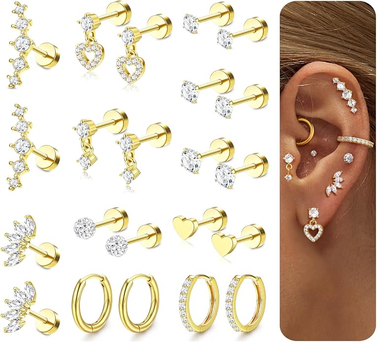 LOLIAS Hypoallergenic Flat Back Earrings for Women Cartilage Earrings Stacks-20G Surgical Stainless Steel Flatback Stud Hoop Earring Set Daith Conch Tragus Helix Piercing Jewelry