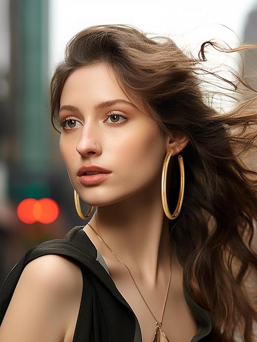 Stainless Steel Chunky Hoop Earrings For Women, Minimalist and Chic, Black/Gold Plated, Round Hoops Earrings Hypoallergenic, Size: 30mm/40mm/60mm/80mm, Come with Box