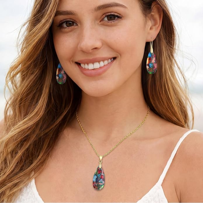Kingdder Natural Stone Jewelry Set for Women Imperial Healing Stone Necklace Colorful Teardrop Dangle Earings Boho Jewelry