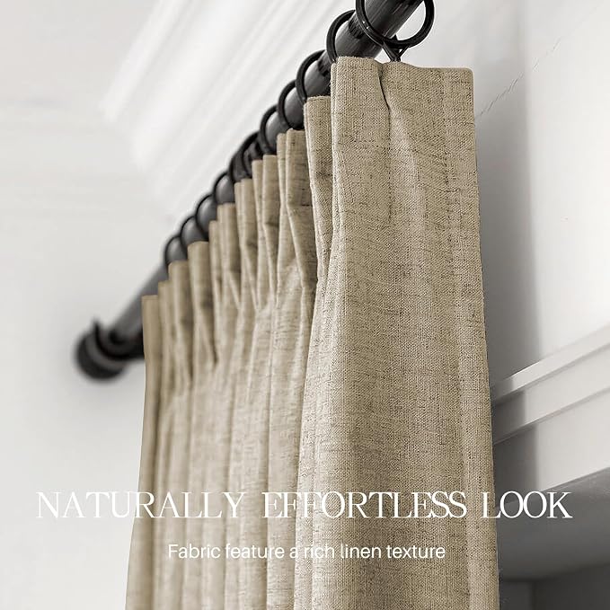 Pinch Pleated Curtains 100% Blackout Linen Curtains 102 Inches Long for Bedroom Living Room, Sand Color Memory Trained Thermal Insulated Room Darkening Window Drapes with Hooks 2 Panels 40"Wx102"L