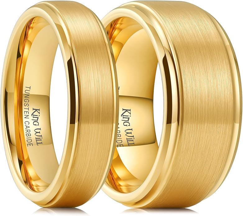 King Will Tungsten Carbide Wedding Band for Men Women-4/6/8mm Width 14K Gold Plated Tungsten Wedding Ring Matte Brushed & High Polished Style Comfort Fit Wedding Band Size 6-14