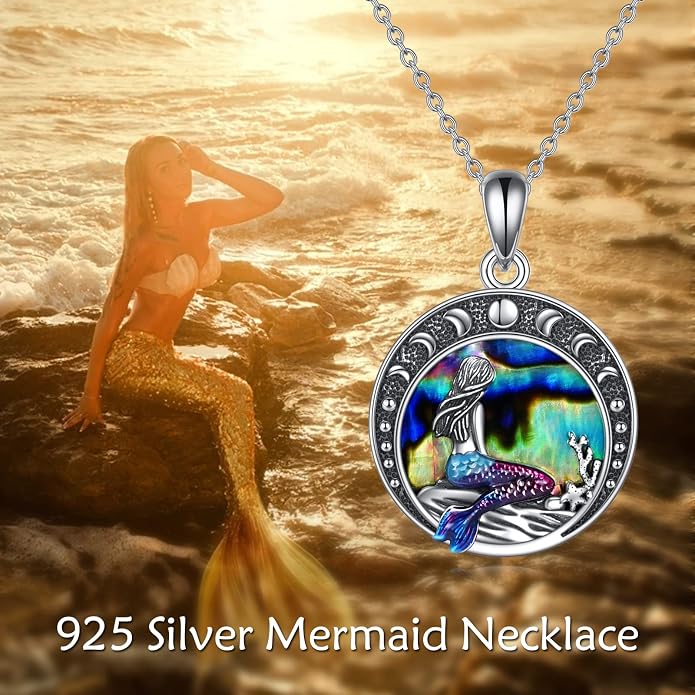 LUHE Mermaid Necklace Jewelry Gifts Sterling Silver Sea Mermaid Crescent Moon and Star Necklace with Flower Pendant Birthday Gifts for Daughter Women
