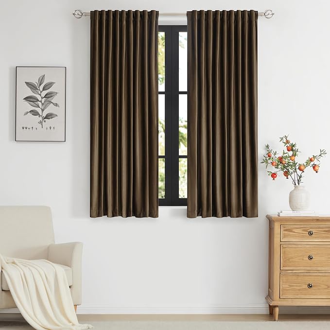 PRIMROSE Brown Velvet Curtains 63 inch Long for Living Room,Set of 2 Panels Blackout Rod Pocket Back Tab Window Treatment Room Darkening Heavy Decorative Curtains Drapes for Bedroom