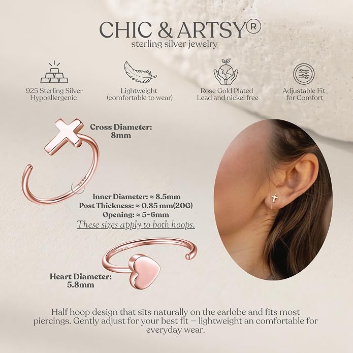 CHIC & ARTSY 925 Sterling Silver Half Hoop Earrings for Women, Small Huggie Hoops Set with Ball Bar Star Moon Cross & Pearl, Lightweight Comfort Fit Everyday & Sleep Earrings