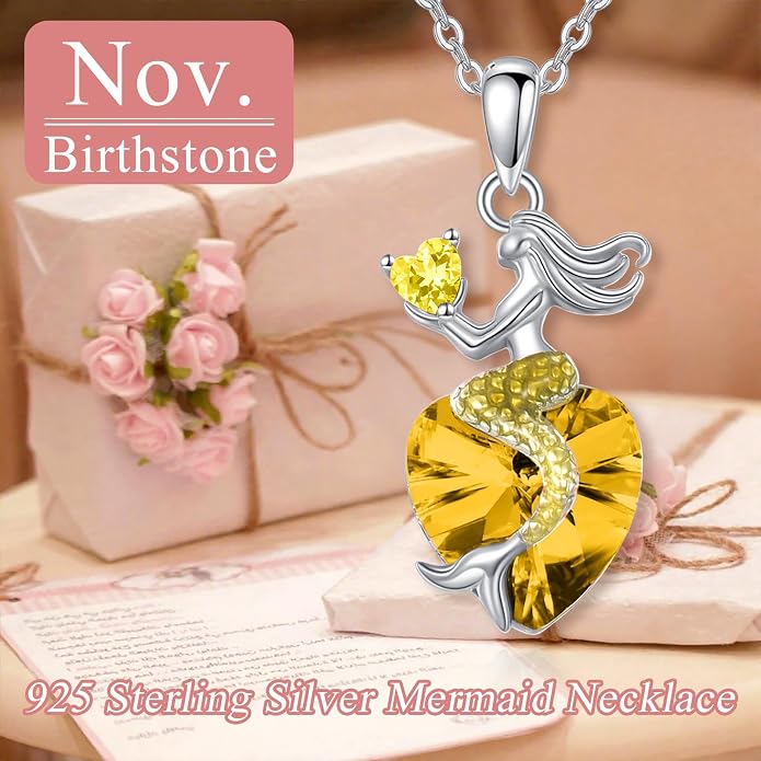 Mermaid Birthstone Necklace for Women 925 Sterling Silver Jewelry Austrian Crystal Pendant Christmas Gifts for Her