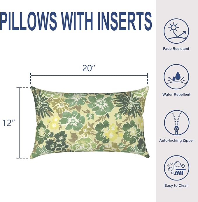 Outdoor Lumbar Pillows 12x20 Inch, Water Repellent Cushion Pillows, Outdoor Pillows with Inserts for Home Garden Pack of 2, Green Rose
