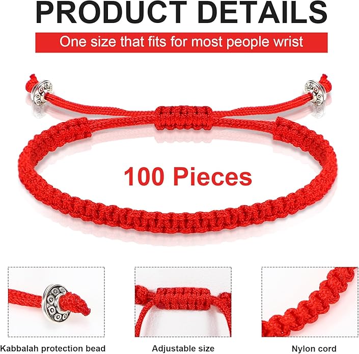 Ecation 100 Pcs Red Bracelet for Protection Good Luck Kabbalah Adjustable Matching Braided Rope Red String Bracelet Bulk Gifts for Women Men Couples