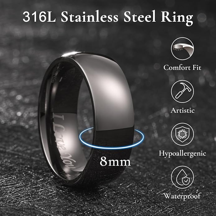 King Will 316L Stainless Steel Wedding Band for Men Women-2-8mm Width Wedding Ring in Black/Sliver/Gold Plated Laser I Love You High Polished Dome Style Promise Ring Comfort Fit Size 4-15