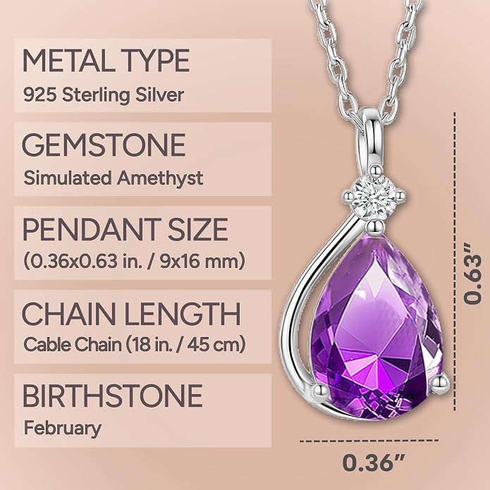 ADITA GOLD Birthstone Necklace for Women, 925 Sterling Silver Teardrop Pendant, Simulated Gemstone, Birthstone Jewelry
