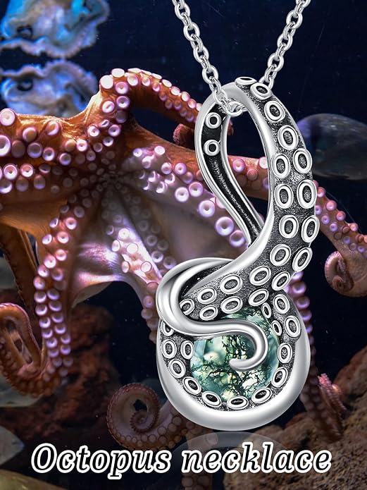 Octopus Tentacles Necklace with Gemston 925 Sterling Silver Octopus Pendant for Women Ocean Jewelry Gift for Women