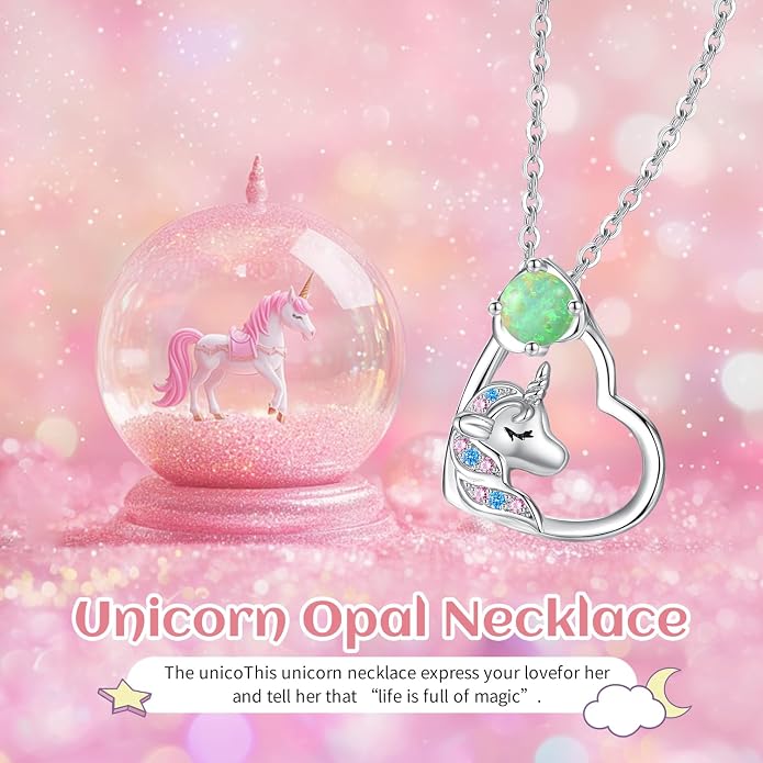 CDE Christmas Gift for women Cute Unicorn Birthstone Necklace for Girls Daughter 925 Sterling Silver Opal Heart Pendant Graduation Birthday Christmas Jewelry Gift for Teenage Girls Niece