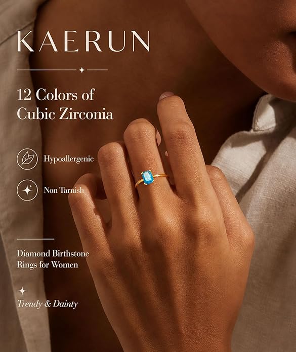 KAERUN Gold Birthstone Rings for Women Non Tarnish 14K Gold Plated Stackable CZ Thumb Eternity Rings Dainty Emerald Green Gemstone Engagement Ring for Mother Lover Birthday Jewelry Gifts Size 6-10