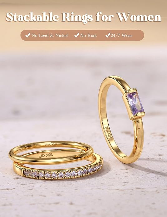Gold Stackable Birthstone Rings for Women - 18K Gold Filled Non Tarnish Dainty Gold Stacking Rings Set - Cubic Zirconia Thumb Knuckle Ring Wedding Engagement Ring for her Gifts Size 6 7 8 9 10 3pcs