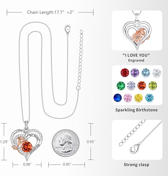 Birthstone Heart Necklaces for Women 925 Sterling Silver Fine Jewelry Rose Pendant Necklace Anniversary Birthday Mothers Day Gifts Her Wife Women Mom Daughter