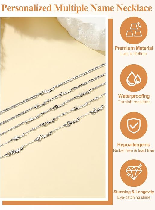 Custom4U Custom Name Necklace for Women, Personalized 1-5 Name Necklace, Sterling Silver/Stainless Steel 14K Gold Plated Nameplate Necklaces, Gift for Mom Wife Anniversary Birthday with Box
