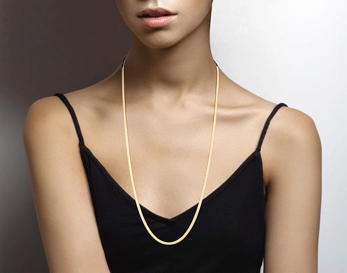 Miabella Italian Solid 925 Sterling Silver, 18Kt Gold Plated 3.5mm Flexible Flat Herringbone Chain Necklace for Women, Made in Italy
