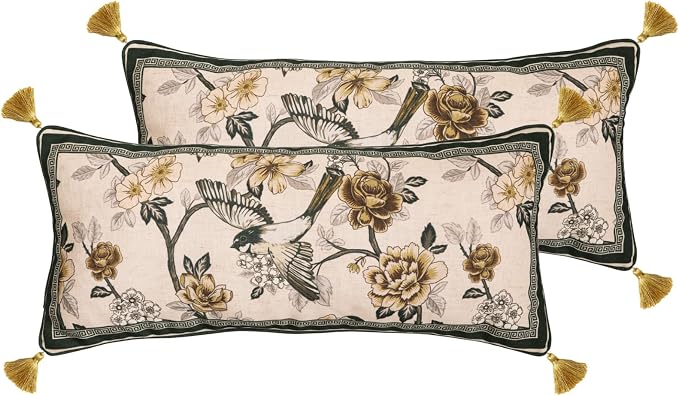 ISAENNE Vintage Linen Rectangle Throw Pillow Cover,Set of 2,28"x12"-Murad A | Designer French Decor Pillow Cover,Concealed Zipper Design,Floral and Bird Pattern,Sofa,Bedroom,Living Room,Lounge Chairs