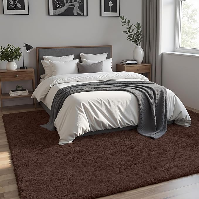 8x10 Area Rug for Living Room, Ultra Soft Fluffy Shag Rugs for Bedroom, Non-Slip Large Fuzzy Plush Rug Indoor Floor Carpet for Nursery Kids Office Dorm Modern Decor, Brown
