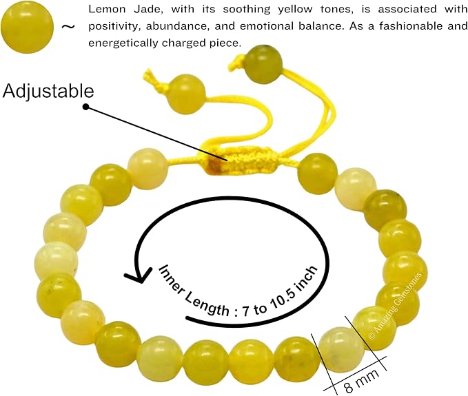 Amazing Gemstone Lemon Jade Bracelet for Women Men's Gifts - Protection Healing Crystal Bracelet - 8mm Gemstones Beaded Adjustable Bracelet Pulseras para Hombres Mujer Stocking Stuffers