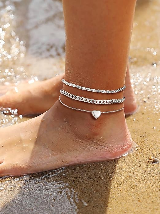 U7 2Pcs/3Pcs Ankle Bracelets for Women, Stainless Steel Cuban Link/Figaro/Rope/Heart Chain Anklets Sets,Waterproof Layered Anklets Adjustable 8.5"-10.5"