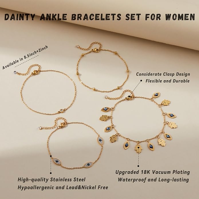 LOFITOR Ankle Bracelets for Women Glitter Waterproof Adjustable Anklet Set for Women 18K Gold Plated Silver Charm Dainty Layered Anklets, Summer Beach Anklet Jewelry for Women
