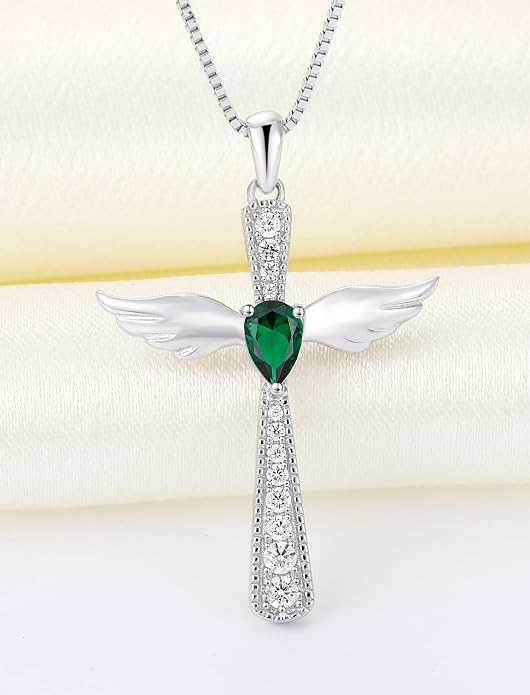 YL Cross Necklace 925 Sterling Silver Angel Wings Pendant Teardrop Birthstone Criss Jewelry for Women