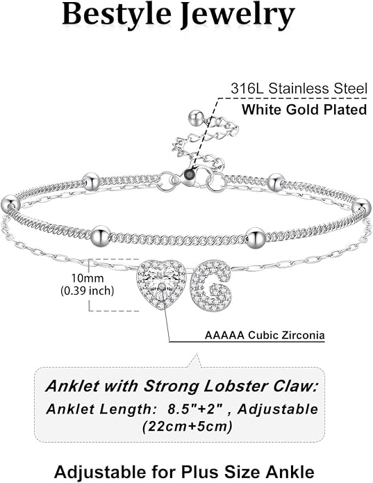 Bestyle Initial Anklet Bracelets for Women Waterproof Non Tarnish 14K Gold/White Gold Plated CZ Anklets for Women Dainty Layered Letter Heart Ankle Bracelets Adjustable Foot Chain Anklet