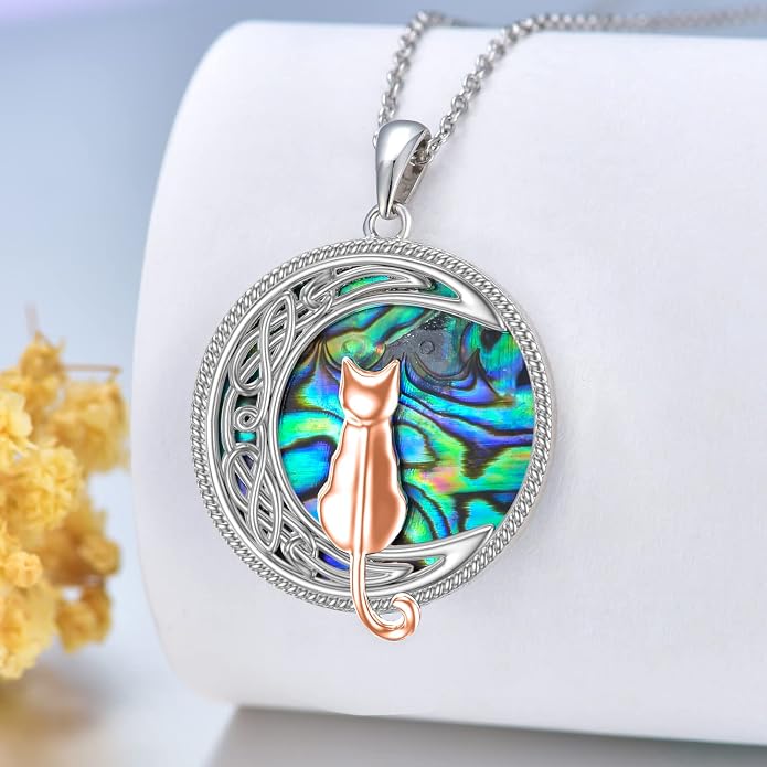 TOUPOP Cat Necklace Sterling Silver Abalone Shell Celtic Cat on the Moon with Abalone Shell Birthday Christmas Jewelry Gifts for Women