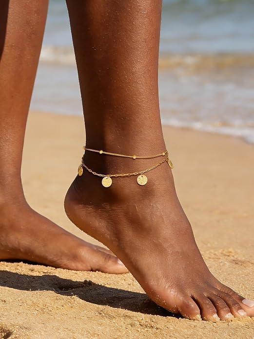 U7 Silver/Gold Ankle Bracelets for Women Layered Chain Anklets Stainless Steel Waterproof Summer Beach Anklet Cham, Adjustable 8.5"-10.5"