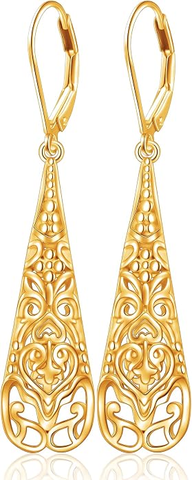 Sterling Silver Leverback Dangle Earrings for Women Teardrop Filigree 14K Gold Plated Dangly Earrings Mother’s Day Gift