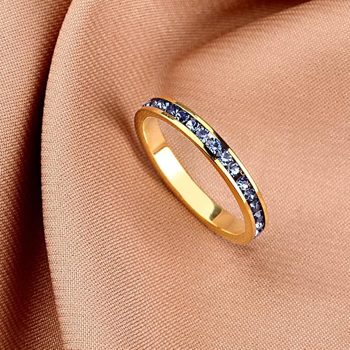 Muses Art Design Birthstone Eternity Band Ring 18K Gold Plated (Channel Set/Full Round), Stacking Fashion Ring with Crystal Birthstone