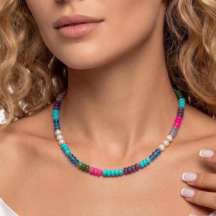 LALAPPLE Colorful Beaded Gemstone Necklace for Women, Boho Rainbow Bead Choker with Natural Stone Crystal Beads, Handmade Summer Beach Necklace Jewelry