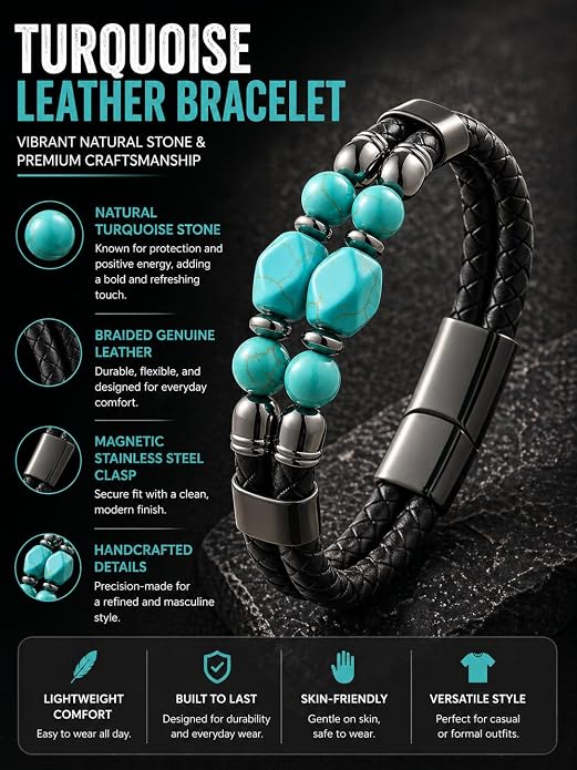 Black Braided Leather Bracelet for Men with Turquoise, Lapis Lazuli, Tiger Eye, Obsidian Stone Double-Row Wristband Beads with Stainless Steel Clasp Fashion Jewelry Gift for Him