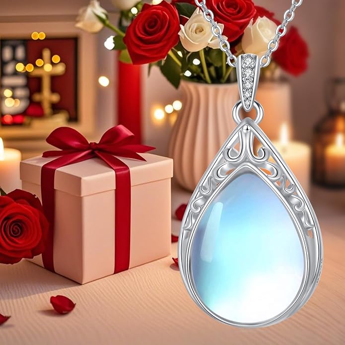 HPQQ Teardrop Necklace 925 Sterling Silver Filigree Gemstone Pendant Necklace Fine Jewelry Birthday Mother's Day Gifts for Women Her Mom