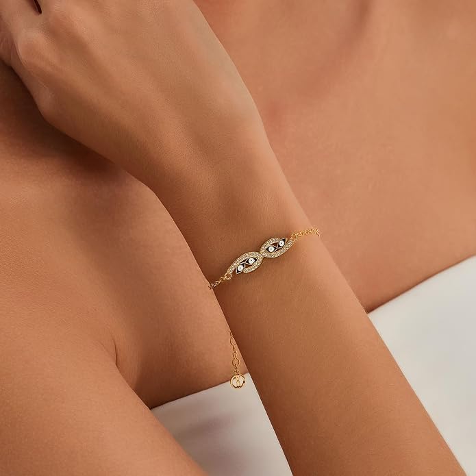 Cicy Bell Evil Eye Bracelets 18k Gold Plated Turquoise Zirconia Link Bracelets Trendy Jewelry Gift for Women Adjustable 5.9" with 1.9'' Extender