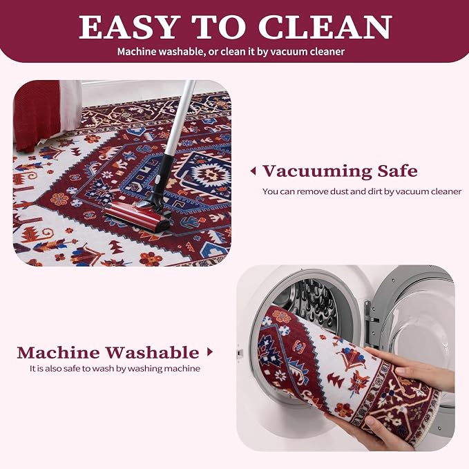 SERISSA 5x7 Boho Area Rug, Washable Non-Slip Rugs for Living Room, Large Burgundy Navy Rug Ultra Soft Vintage Oriental Print Distressed Carpet for Bedroom Dining Room Dorm Office Home Decor