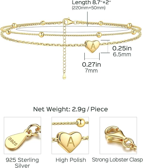 ChicSilver Sterling Silver Anklets for Women 925 Ankle Bracelets for Women Layered Heart Anklet With Beaded Anklets for Women