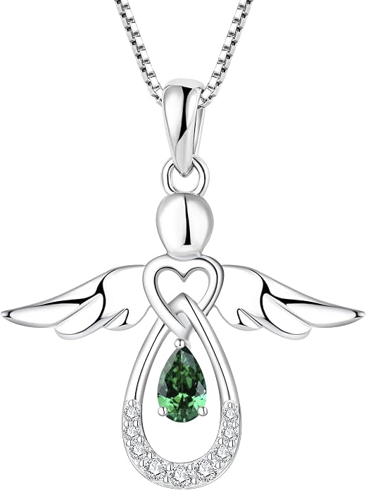 FJ Guardian Angel Necklace 925 Sterling Silver Birthstone Pendant Angel Jewelry Gifts for Women