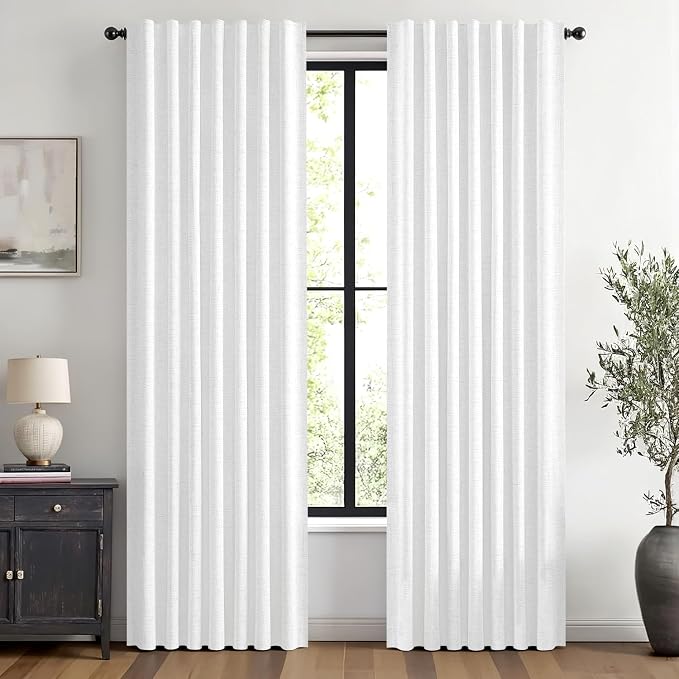 MIULEE 100% Blackout Linen Curtains 42 x 63 Inch Bright White 2 Panels | Thermal Insulated, Room Darkening Drapes for Bedroom Living Room, Back Tab Rod Pocket Pinch Pleated, Solid Luxury Decor