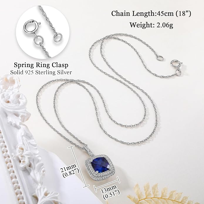 Birthstone Necklace for Women 925 Sterling Silver Cushion/Pear Cut Created Gemstone Halo Pendant Necklace Birthstone Jewelry
