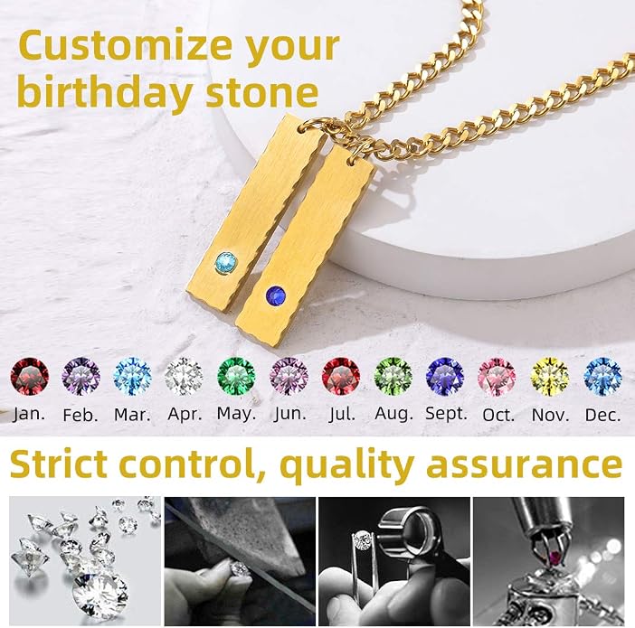 GOLDCHIC JEWELRY Personalized Birthstone Name Necklaces for Men Women, Engraved Family Names Necklace with Birthstone Vertical Bar Necklace, Pendant for Husband/Father/Grandma/Wife Birthday Gifts