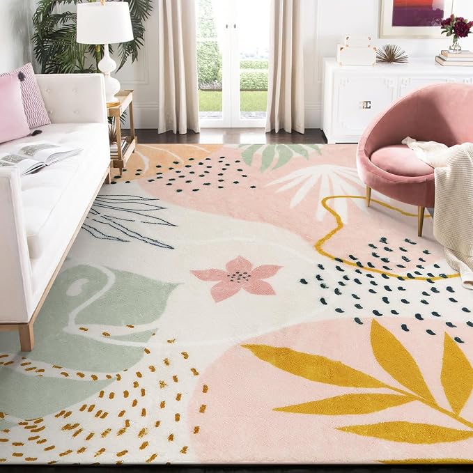 Lahome Pink 10x14 Washable Ultra-Thin Large Area Rug For Living Room, Non Slip Throw Rug For Dining Room, Soft Botanical Print Indoor Rug For Bedroom Office Guest Room