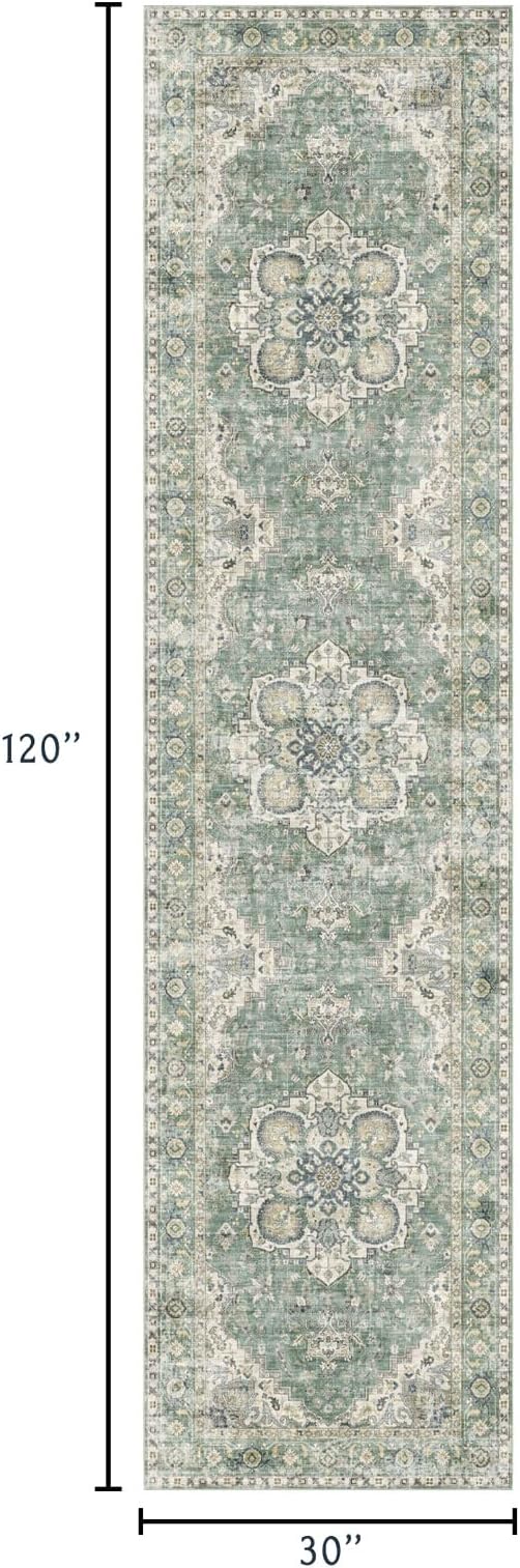 LUXRUG Runner Rugs for Hallway 2.5x10ft - Long Non-Slip Sage Green Washable Boho Runner Rug Low Pile Soft Vintage Farmhouse Oriental Medallion Carpet for Kitchen Living Room Indoor Entryway Bedroom