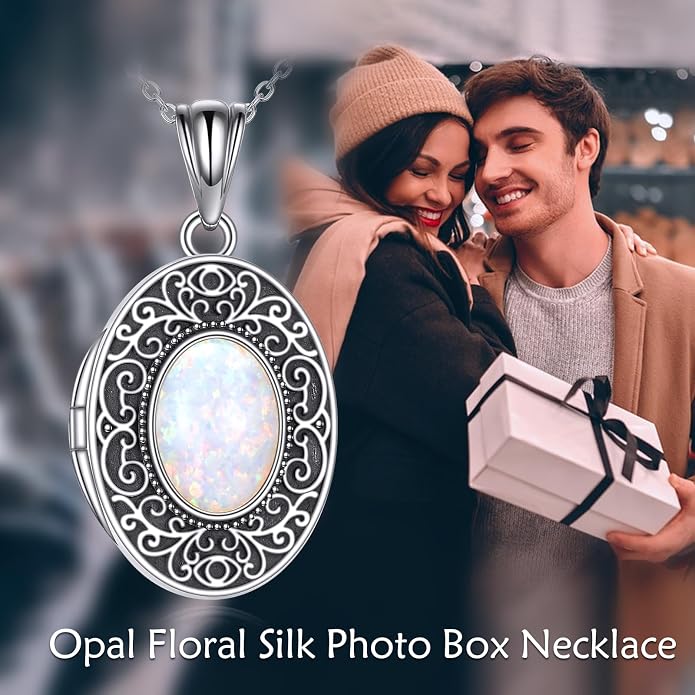 CRMAD Opal/Moonstone/Turquoise Locket Necklace for Women Sterling Silver Oval-Shaped Opal Locket Pendant Holds Pictures Always with You Vintage Style Photos Locket Jewelry Gifts for Loved One