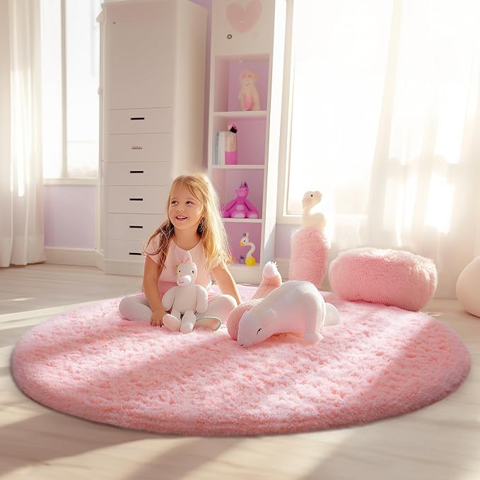 Ophanie Round Rugs 5Ft Pink Circle Area Rug,Fuzzy Bedroom Carpet, Shag Plush Floor Kawaii Christmas Living Room Rugs 5 Foot,Cute Aesthetic Room Decor for Kids Teen Girls Baby Over 99 pcs Pile fibers
